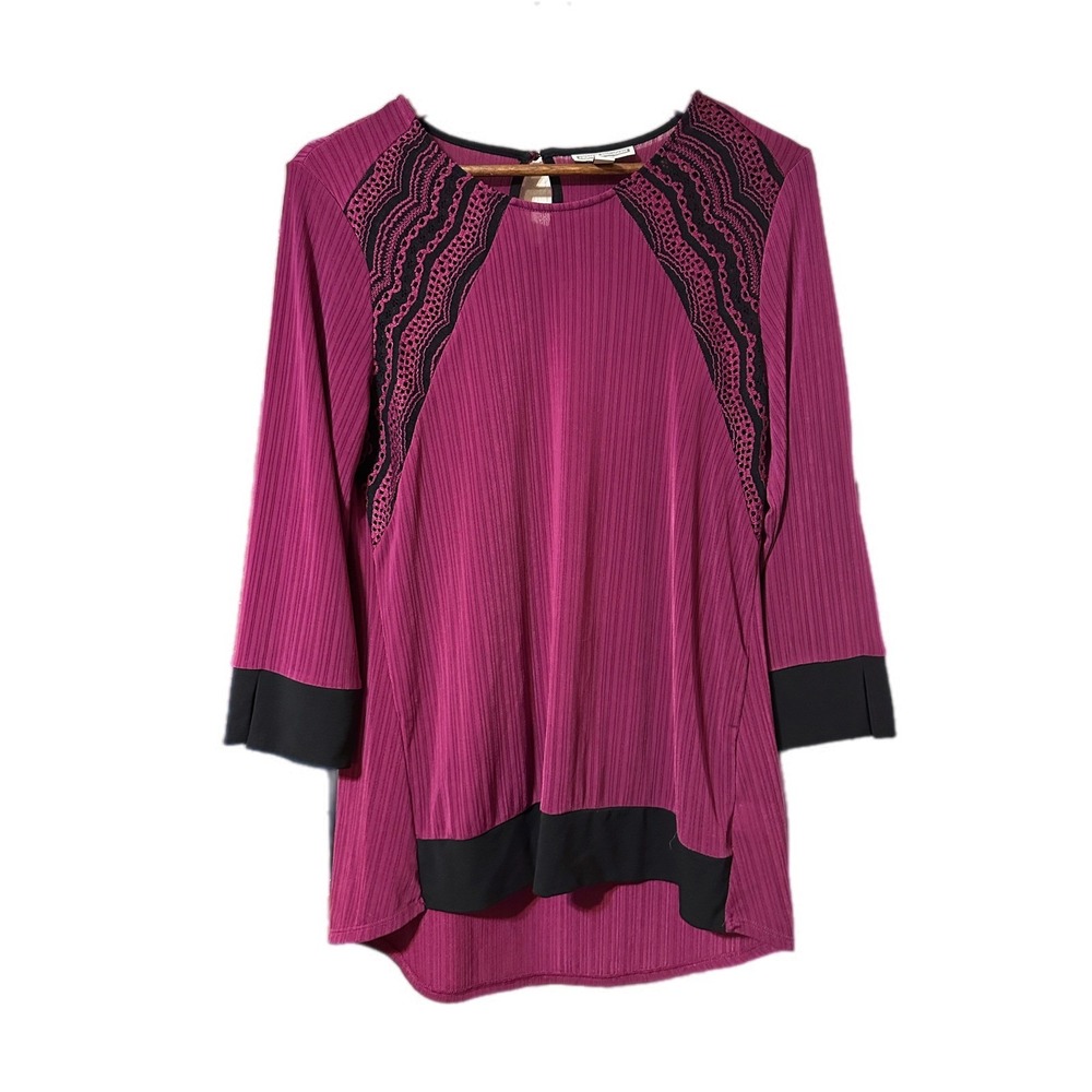 Dana Buchman Womens Purple Black Textured‎ Lace Trim Tunic Top Size M